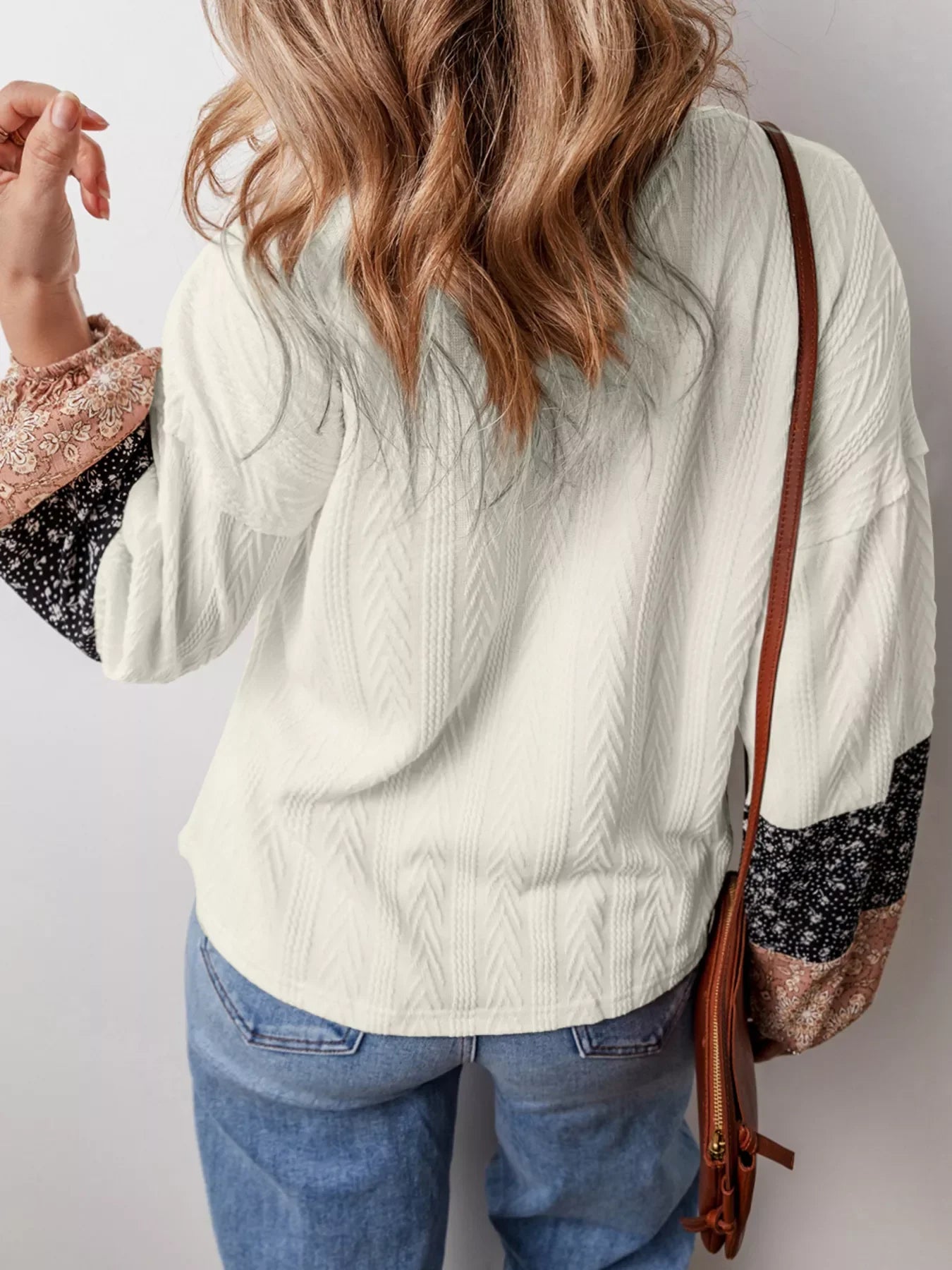 Floral Patchwork Textured Knit Drawstring V Neck Blouse