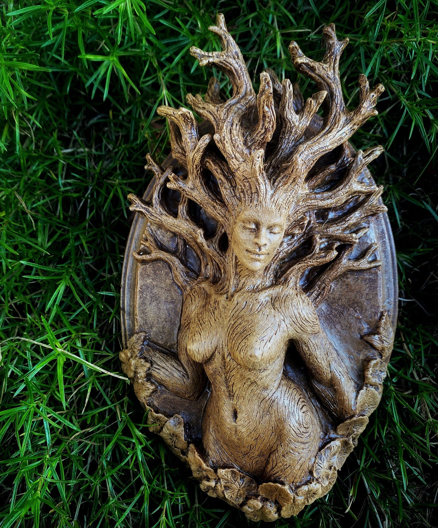 Dryad Wall Plaque, Hand Painted Resin Sculpture | Mythic Forest Creature Wall Art | Woodland Goddess Wall Plaque for Nature Lovers