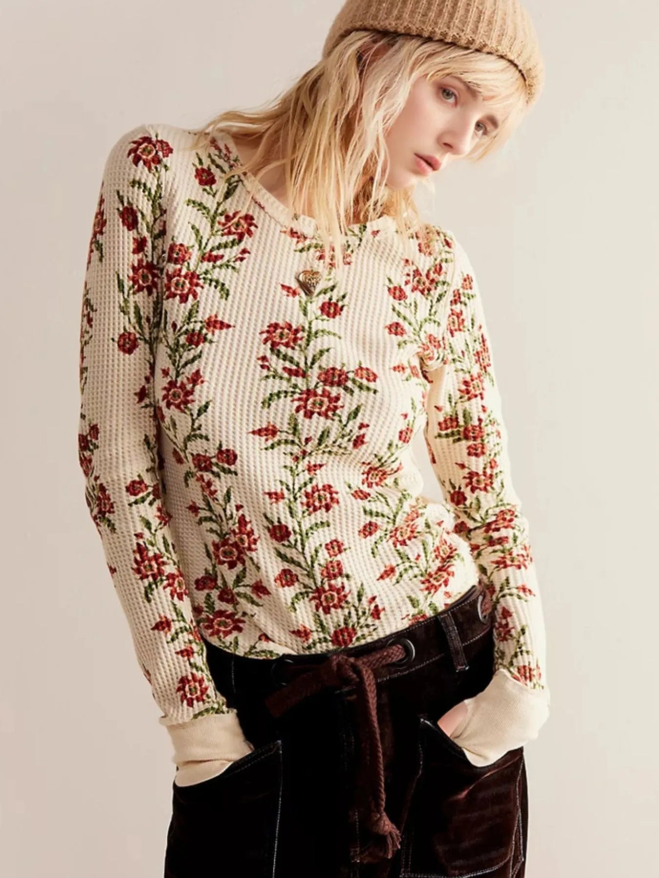 Floral Print Waffle Knit Top