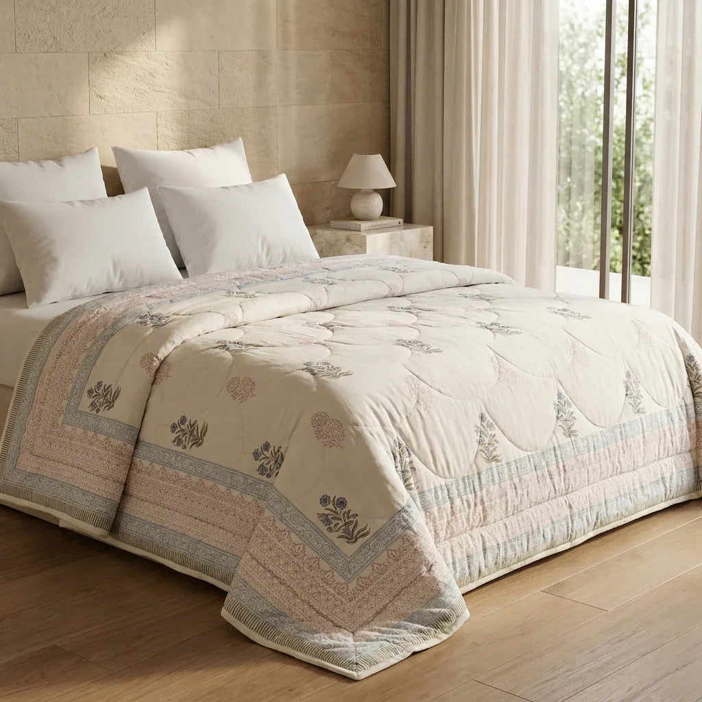House of Avana Cream & Burgundy Slate Floral Jaipur Indian Hand Block Print Quilted Comforter