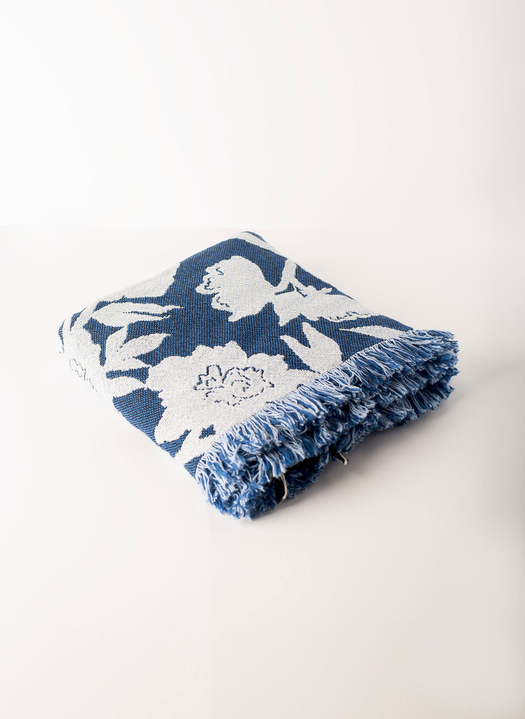 Addy Delft Blue Floral Jacquard Woven Throw Blanket, Reversible Cotton Throw, Made in USA