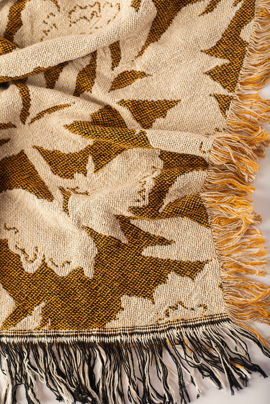 Addy Ochre Gold Floral Jacquard Woven Throw Blanket, Reversible Cotton Throw, Made in USA