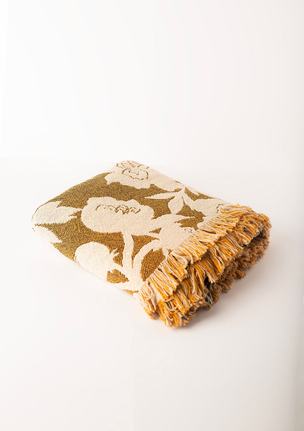 Addy Ochre Gold Floral Jacquard Woven Throw Blanket, Reversible Cotton Throw, Made in USA