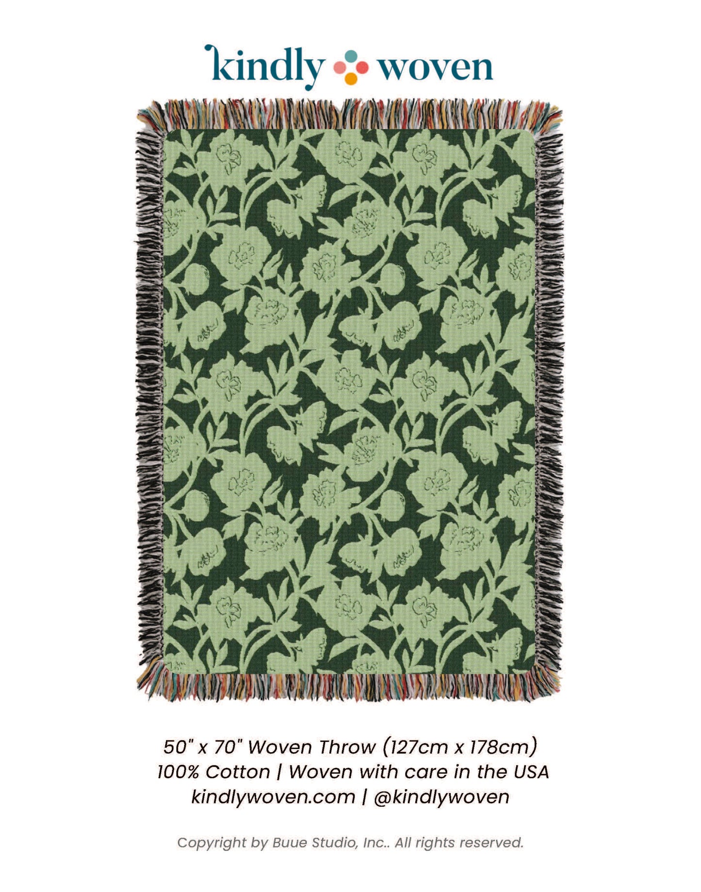 Addy Spruce Green Floral Jacquard Woven Throw Blanket, Reversible Cotton Throw, Made in USA