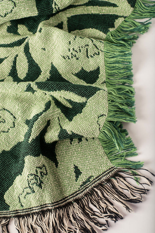 Addy Spruce Green Floral Jacquard Woven Throw Blanket, Reversible Cotton Throw, Made in USA
