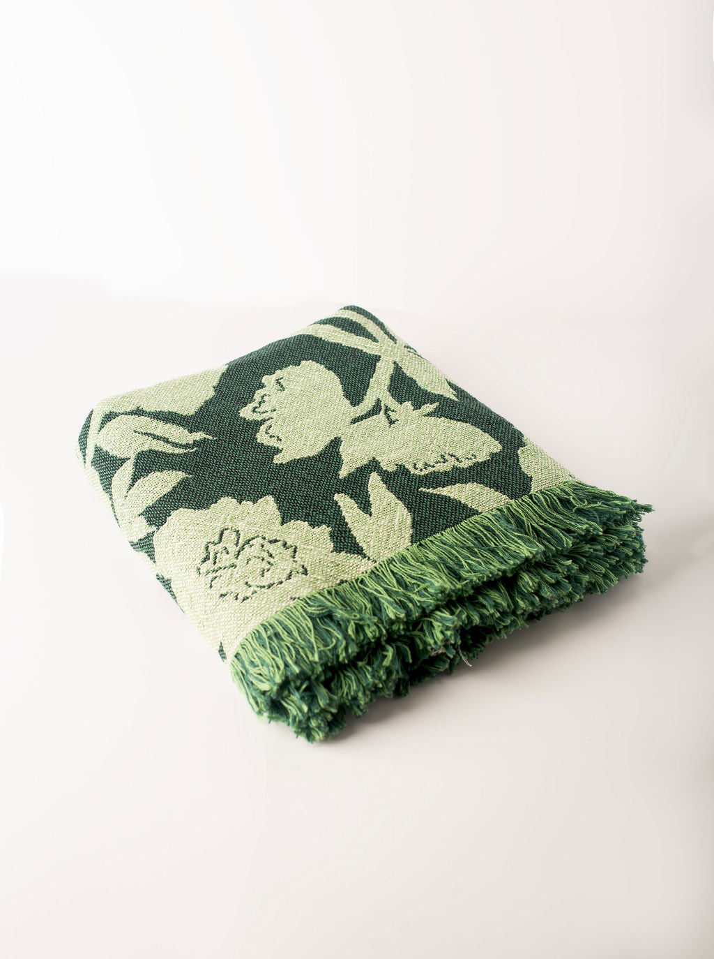 Addy Spruce Green Floral Jacquard Woven Throw Blanket, Reversible Cotton Throw, Made in USA