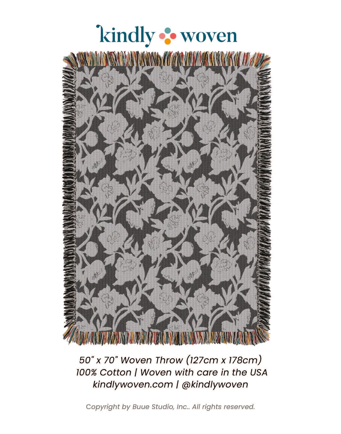 Addy Tuffet Neutral Floral Jacquard Woven Throw Blanket, Reversible Cotton Throw, Made in USA