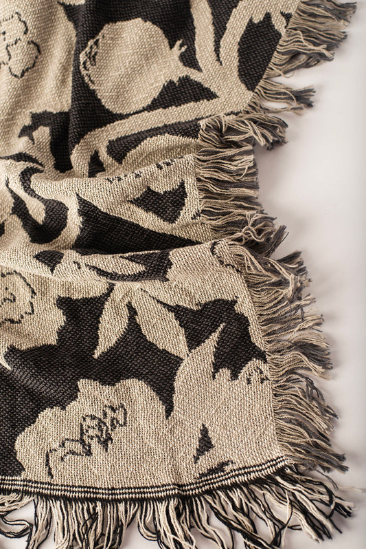 Addy Tuffet Neutral Floral Jacquard Woven Throw Blanket, Reversible Cotton Throw, Made in USA