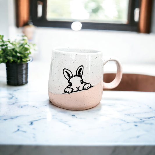 Farmhouse Ceramic Bunny Mug Hand-Painted Ivory With Pastel Pink Base, 12 Oz