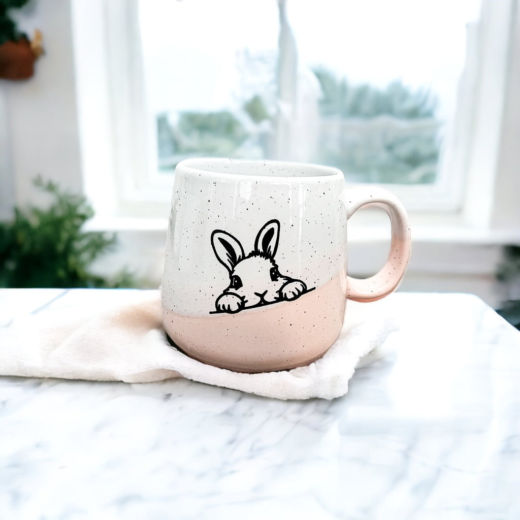 Farmhouse Ceramic Bunny Mug Hand-Painted Ivory With Pastel Pink Base, 12 Oz