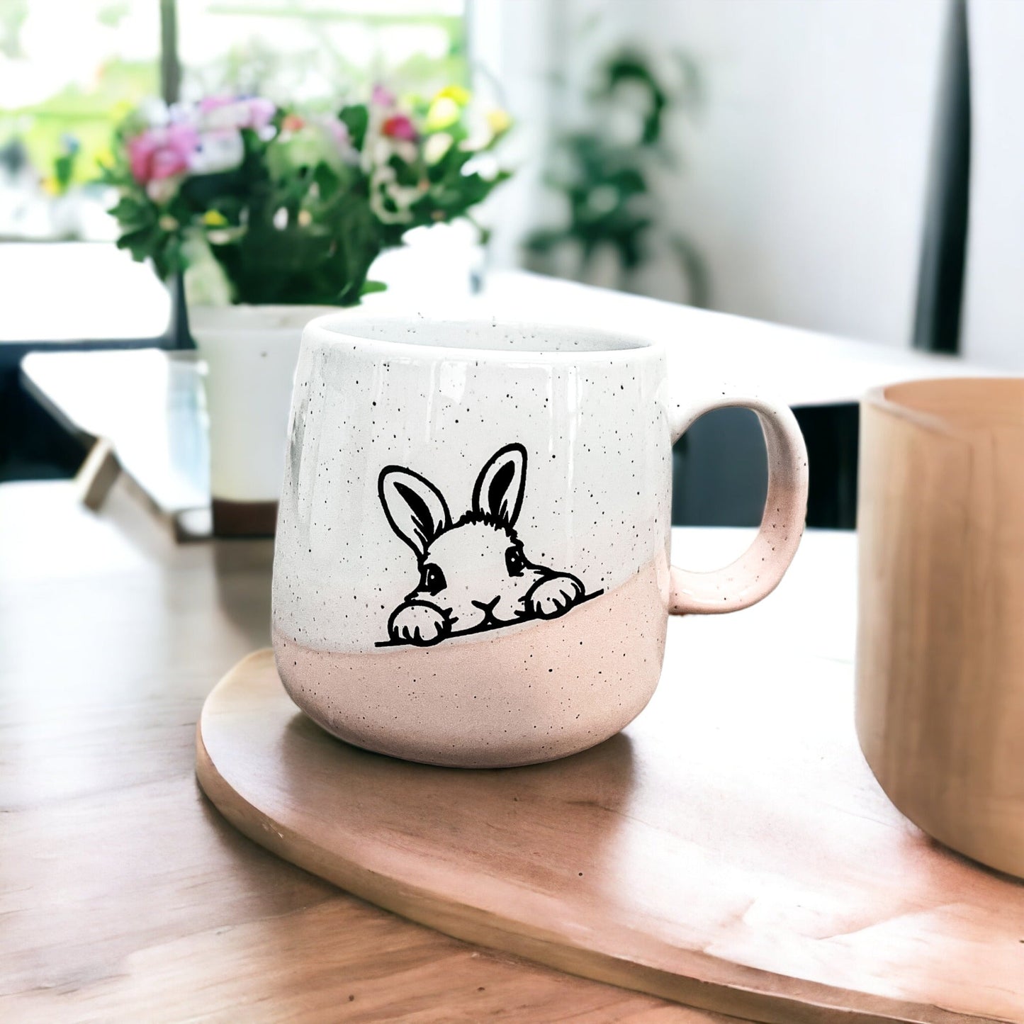 Farmhouse Ceramic Bunny Mug Hand-Painted Ivory With Pastel Pink Base, 12 Oz