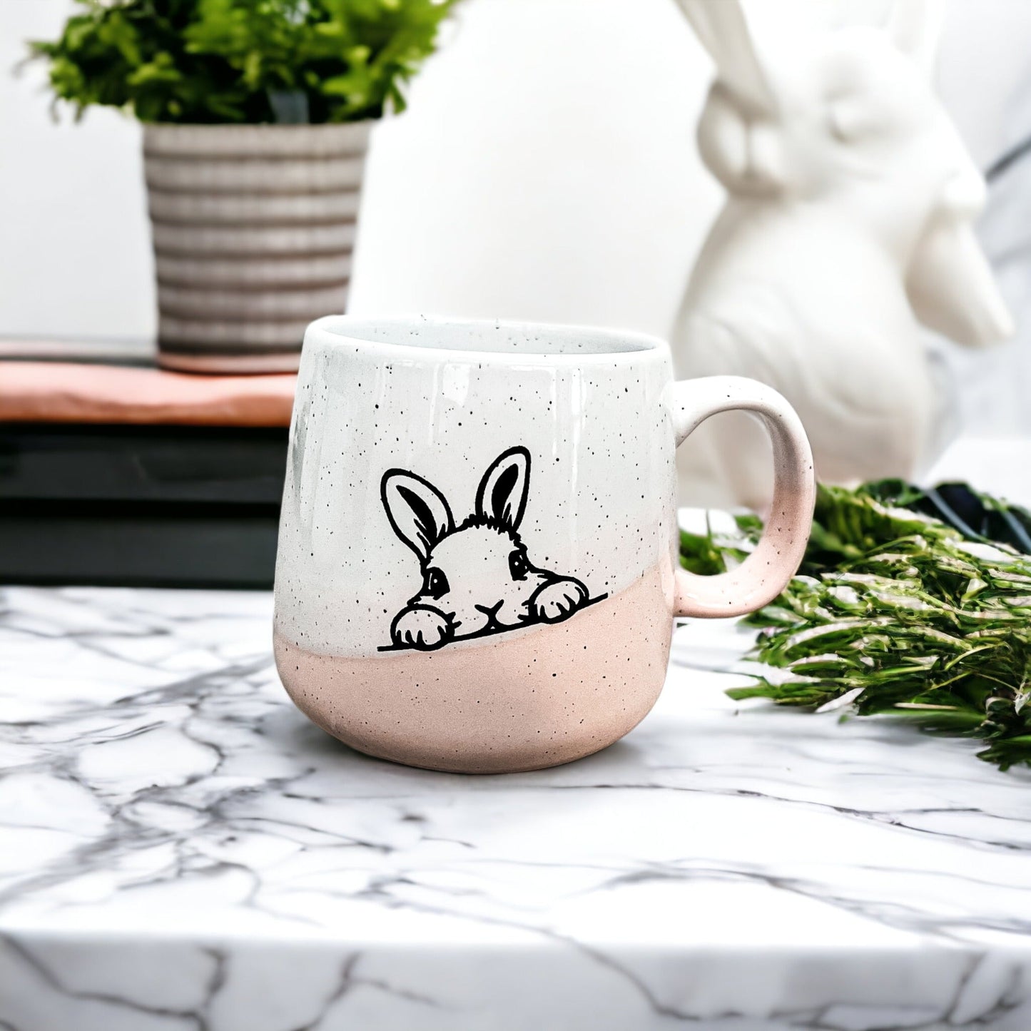 Farmhouse Ceramic Bunny Mug Hand-Painted Ivory With Pastel Pink Base, 12 Oz