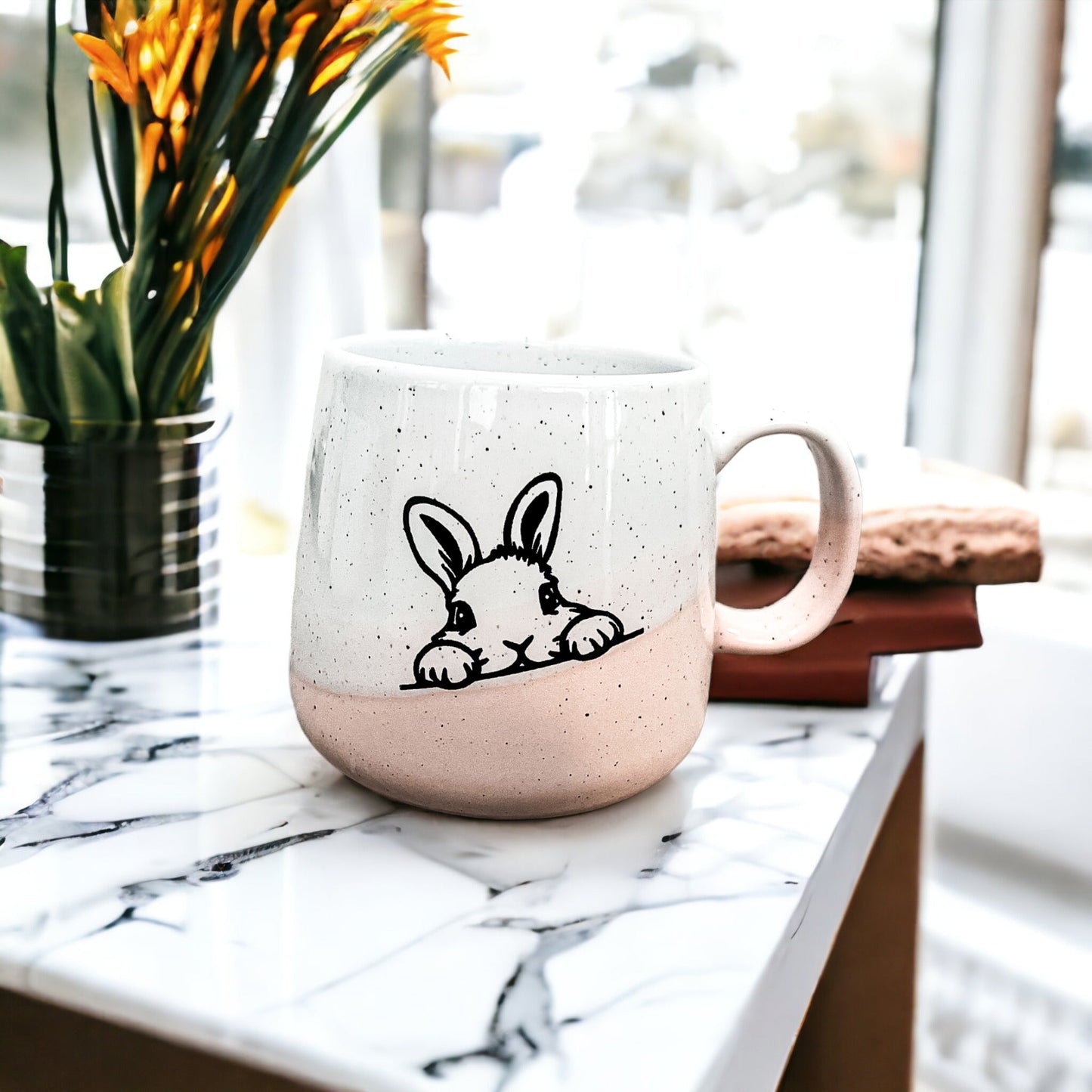 Farmhouse Ceramic Bunny Mug Hand-Painted Ivory With Pastel Pink Base, 12 Oz