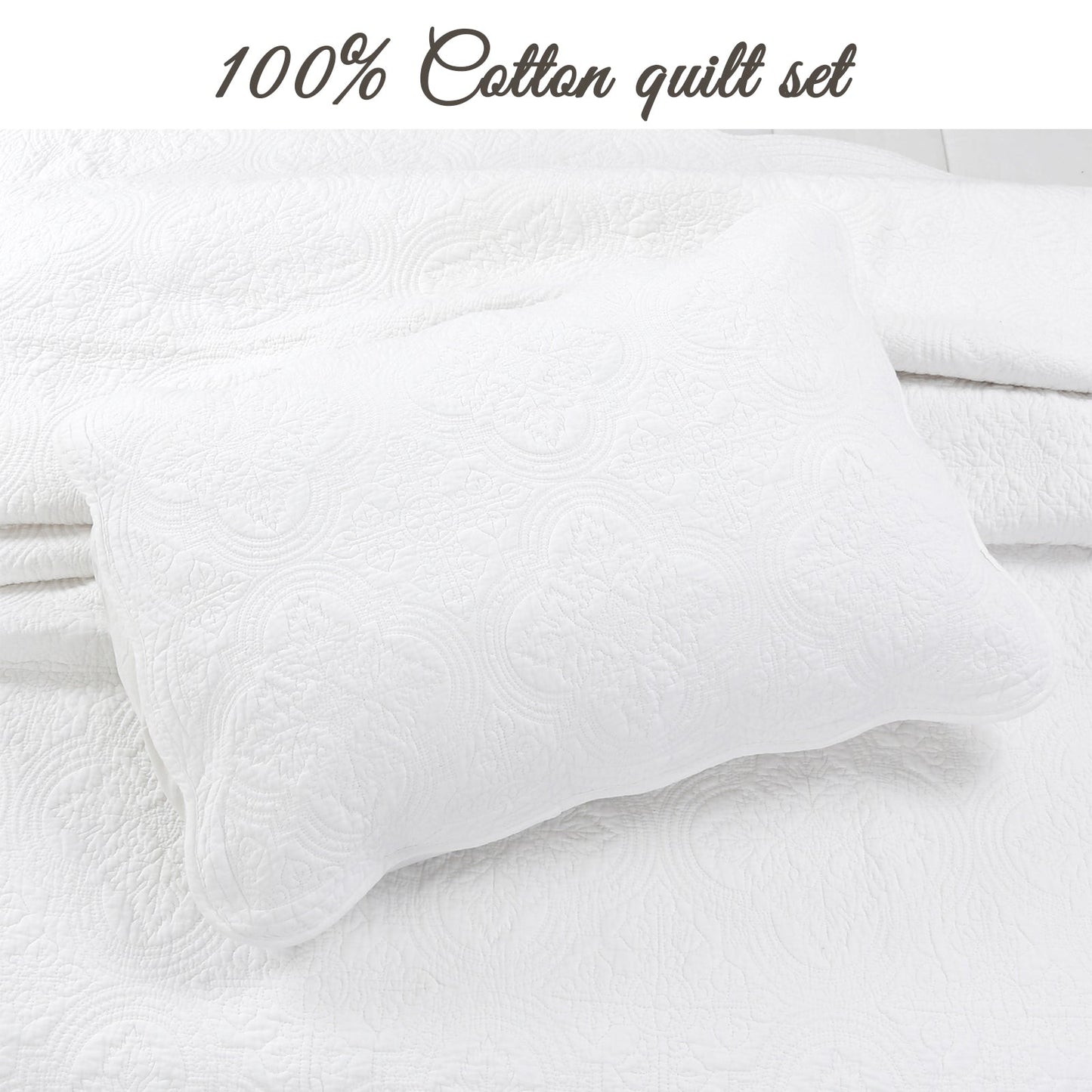 Serenity White Victorian Scalloped Medallion Floral Pure Solid Cotton Reversible Quilt Bedding Set