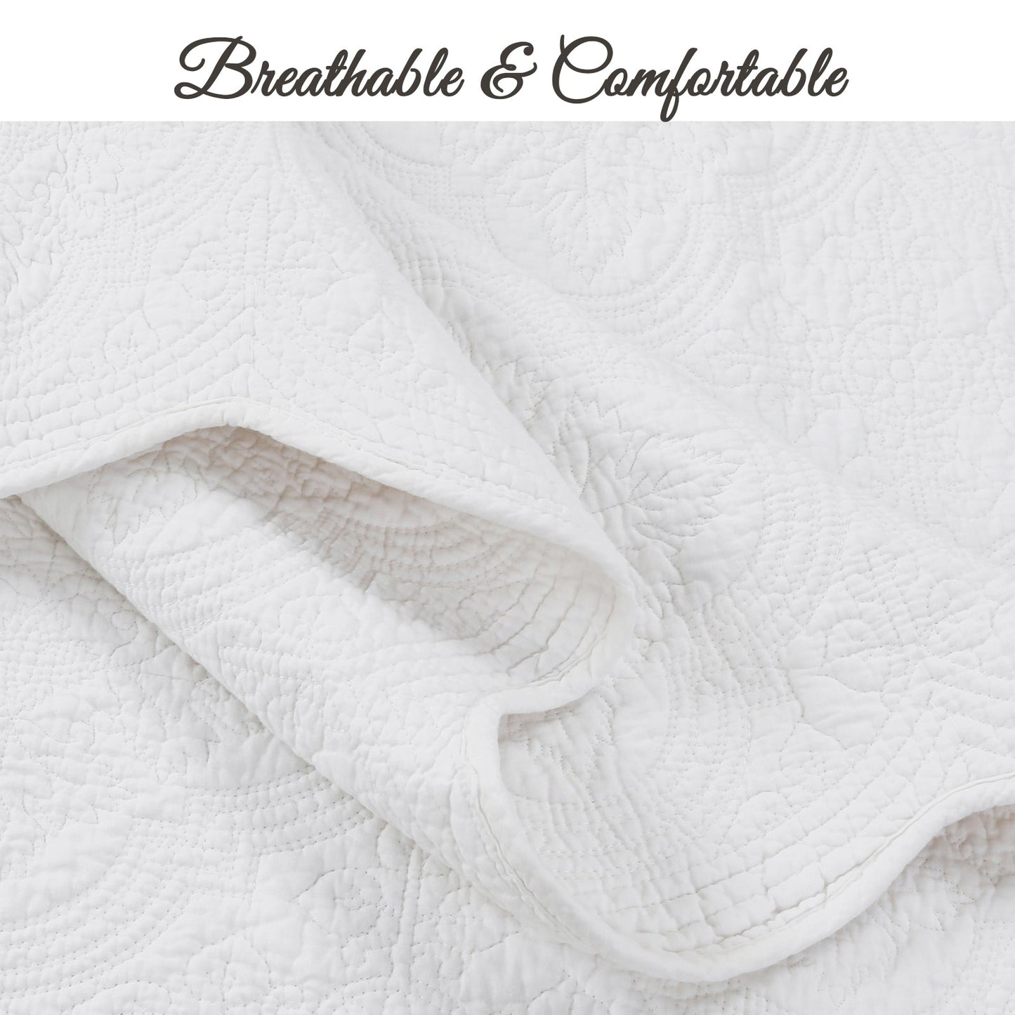Serenity White Victorian Scalloped Medallion Floral Pure Solid Cotton Reversible Quilt Bedding Set