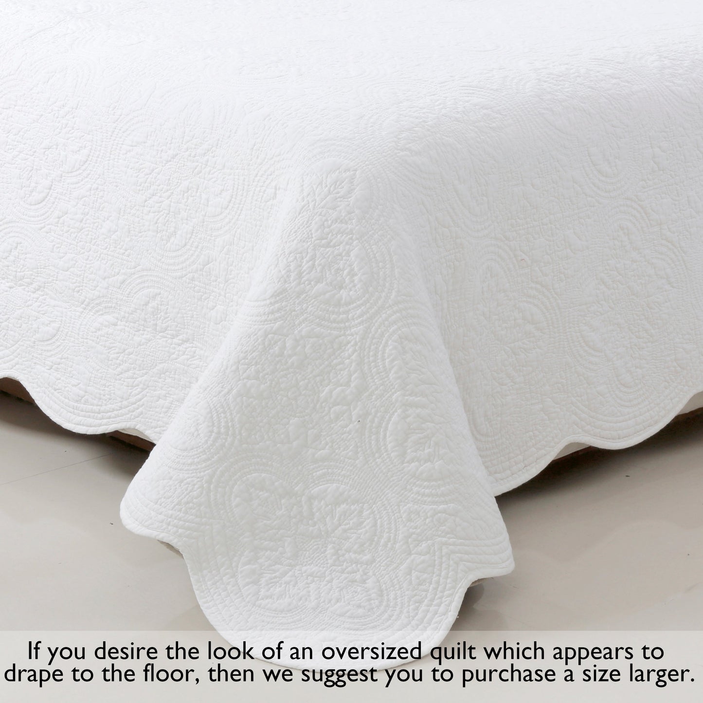 Serenity White Victorian Scalloped Medallion Floral Pure Solid Cotton Reversible Quilt Bedding Set