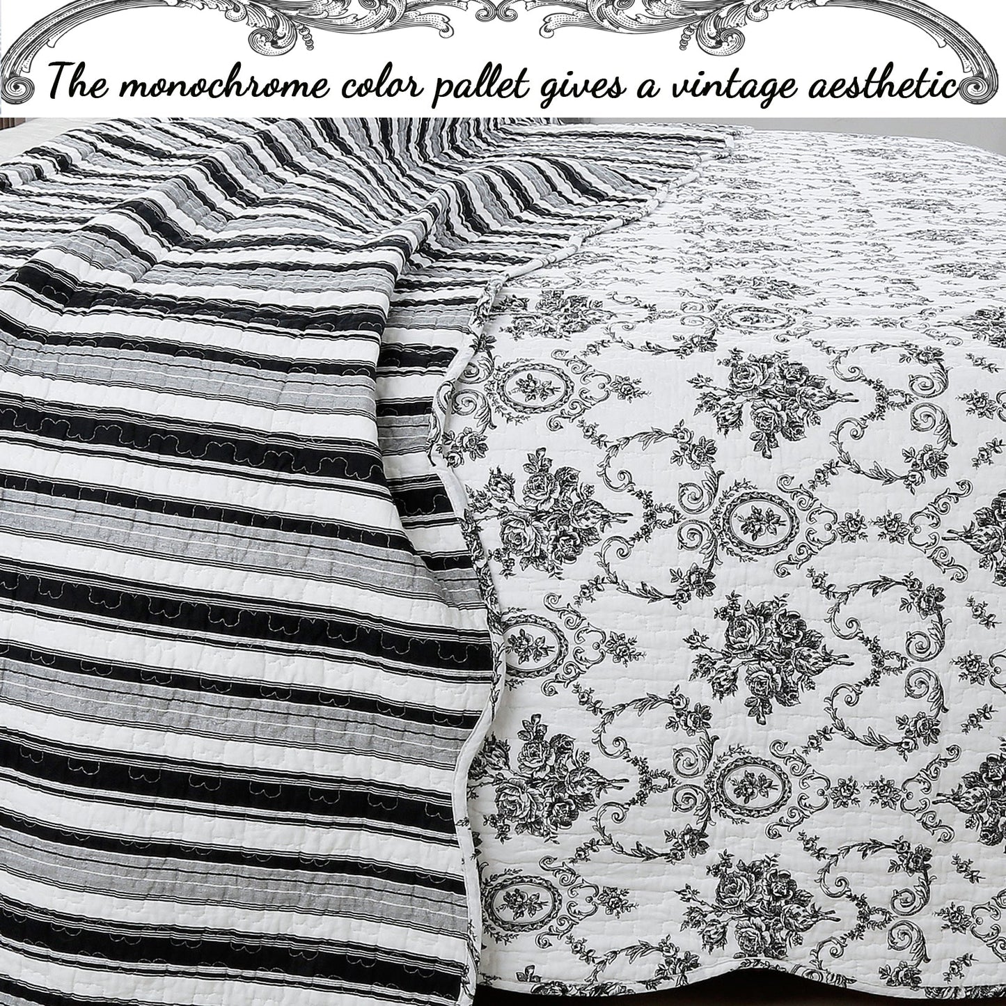 French Medallion Black Scalloped Edge Cotton 3-piece Reversible Quilt Bedding Set