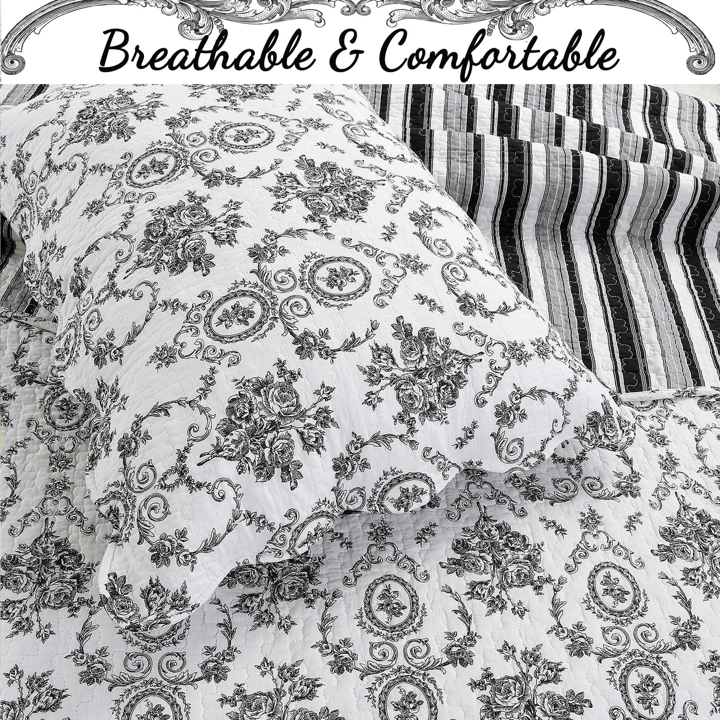 French Medallion Black Scalloped Edge Cotton 3-piece Reversible Quilt Bedding Set