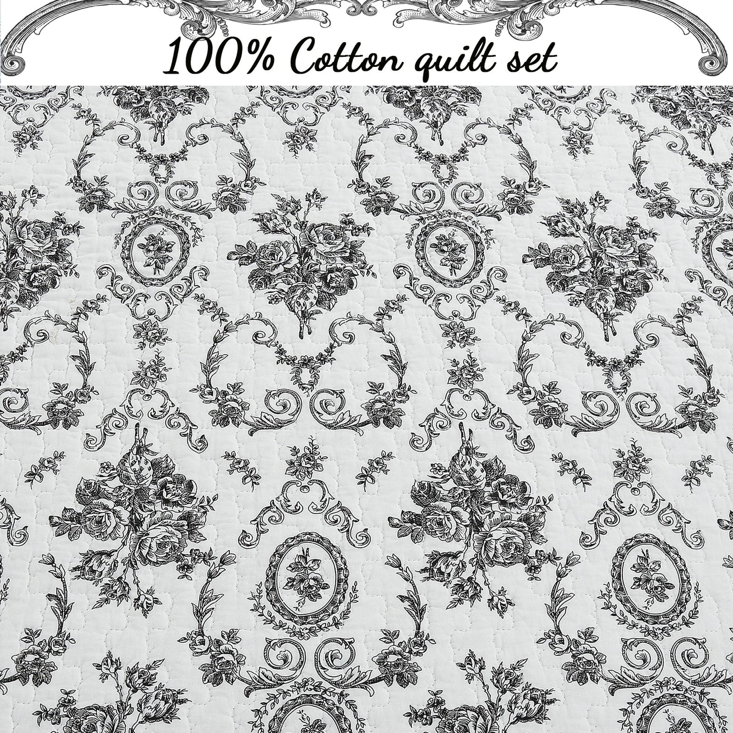 French Medallion Black Scalloped Edge Cotton 3-piece Reversible Quilt Bedding Set