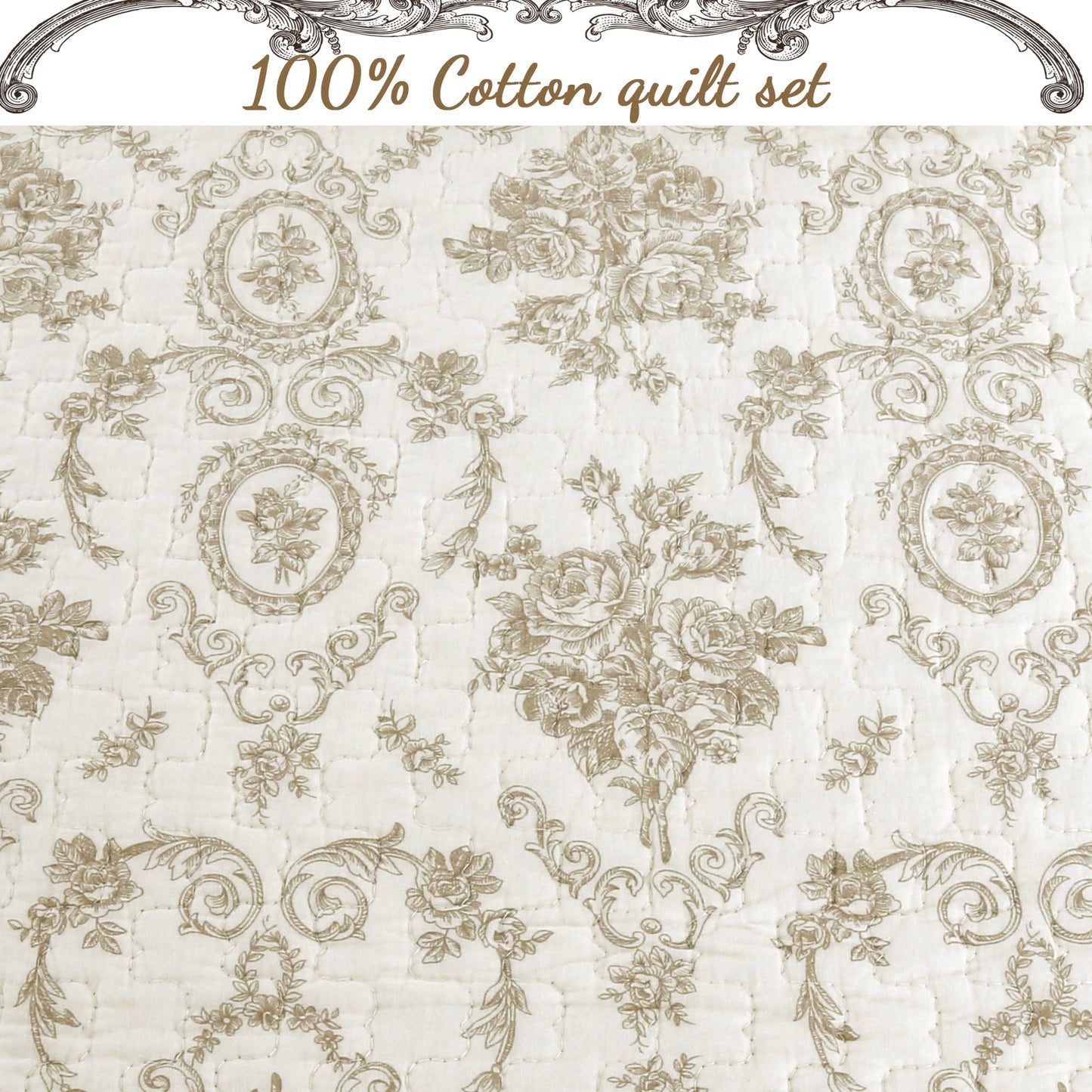 French Medallion Ivory Scalloped Edge Cotton 3-piece Reversible Quilt Bedding Set
