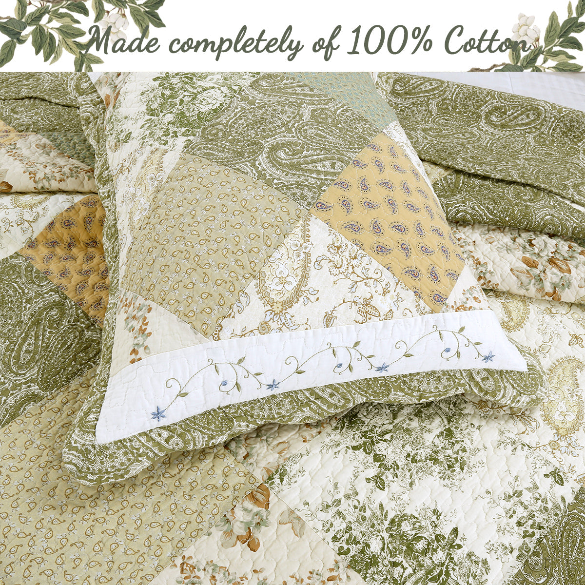 Grace Sage Green Real Patchwork Embroidered Scalloped Edge Cotton Reversible Quilt Bedding Set