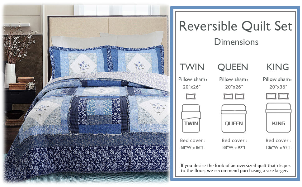 Moyle Blue Real Patchwork Embroidered Floral Ruffle Cotton 3-Piece Reversible Quilt Bedding Set