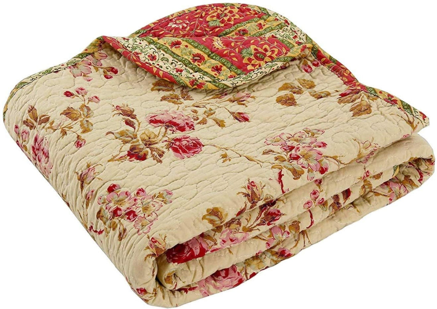 Vintage Rose Floral Cotton Quilted Scalloped Reversible Throw Blanket