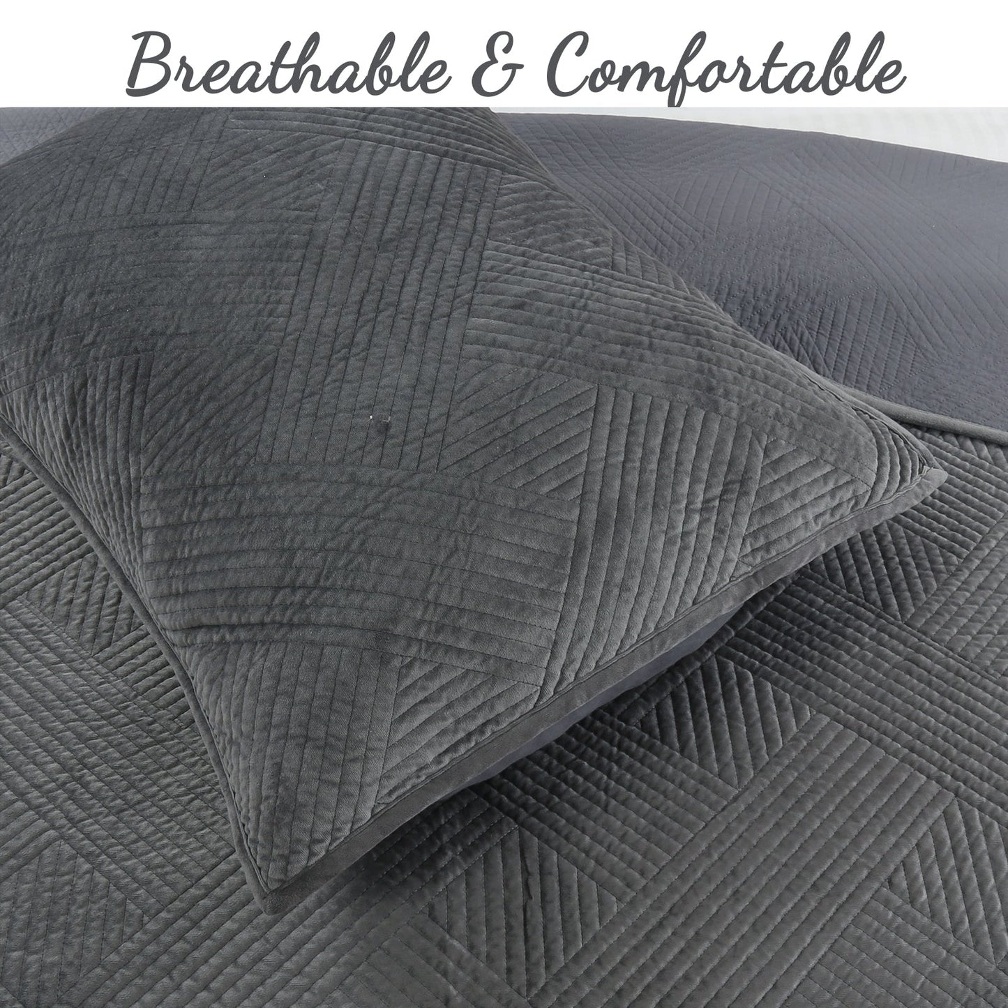 Soft Velvet Basket Weave Stripe Solid Blue or Grey 3-Piece Reversible Quilt Bedding Set