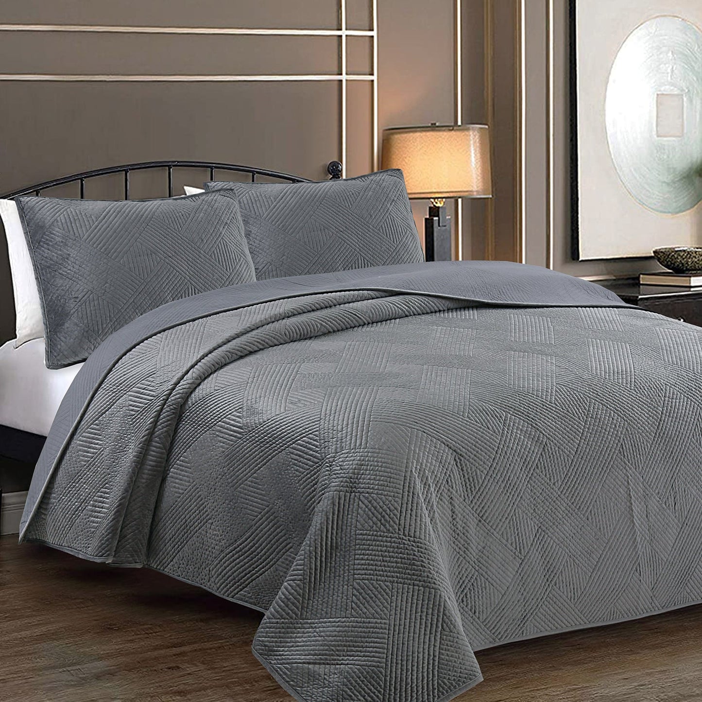 Soft Velvet Basket Weave Stripe Solid Blue or Grey 3-Piece Reversible Quilt Bedding Set
