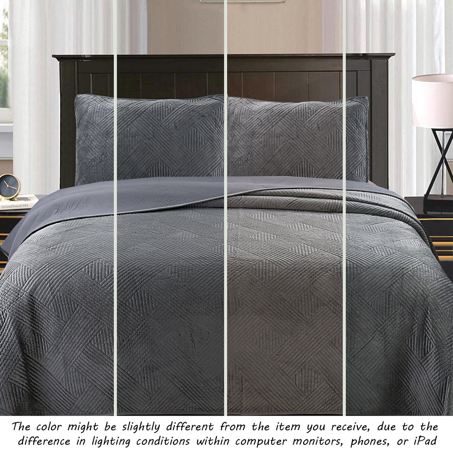 Soft Velvet Basket Weave Stripe Solid Blue or Grey 3-Piece Reversible Quilt Bedding Set