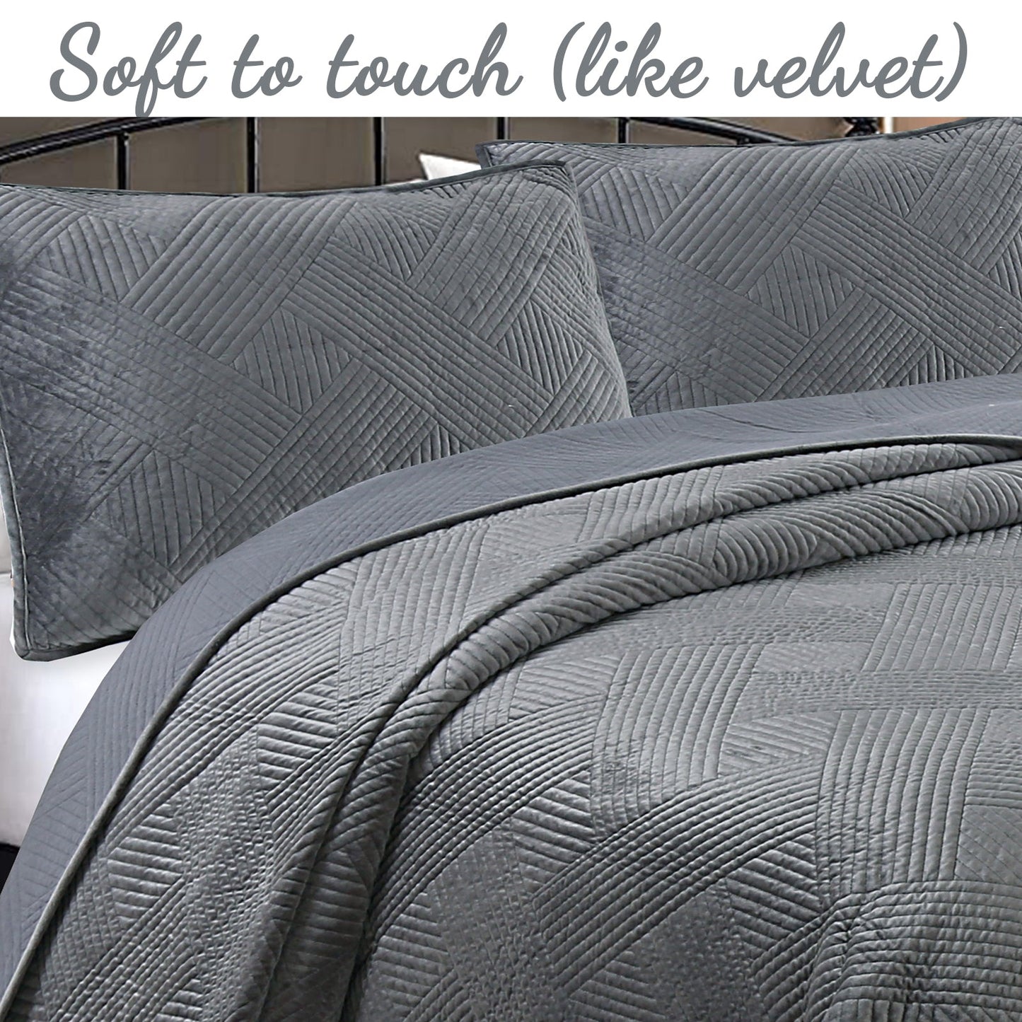 Soft Velvet Basket Weave Stripe Solid Blue or Grey 3-Piece Reversible Quilt Bedding Set