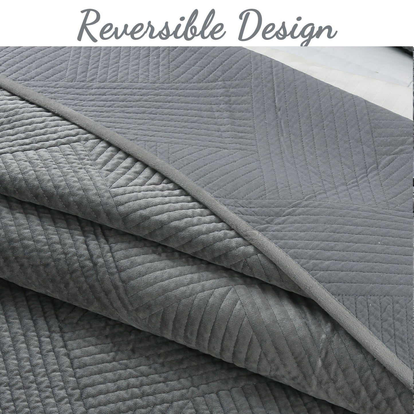 Soft Velvet Basket Weave Stripe Solid Blue or Grey 3-Piece Reversible Quilt Bedding Set
