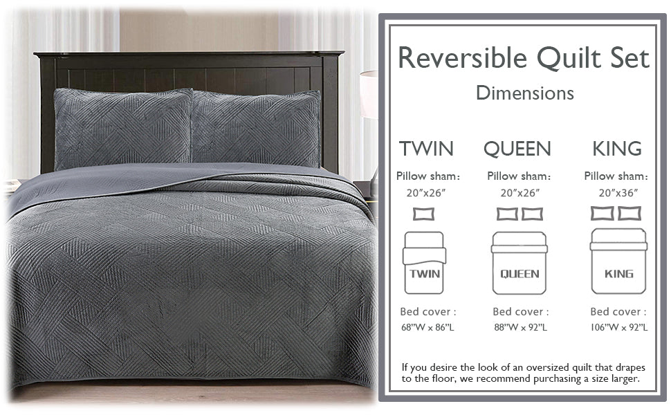 Soft Velvet Basket Weave Stripe Solid Blue or Grey 3-Piece Reversible Quilt Bedding Set