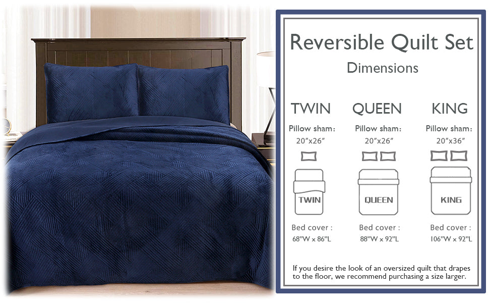 Soft Velvet Basket Weave Stripe Solid Blue or Grey 3-Piece Reversible Quilt Bedding Set