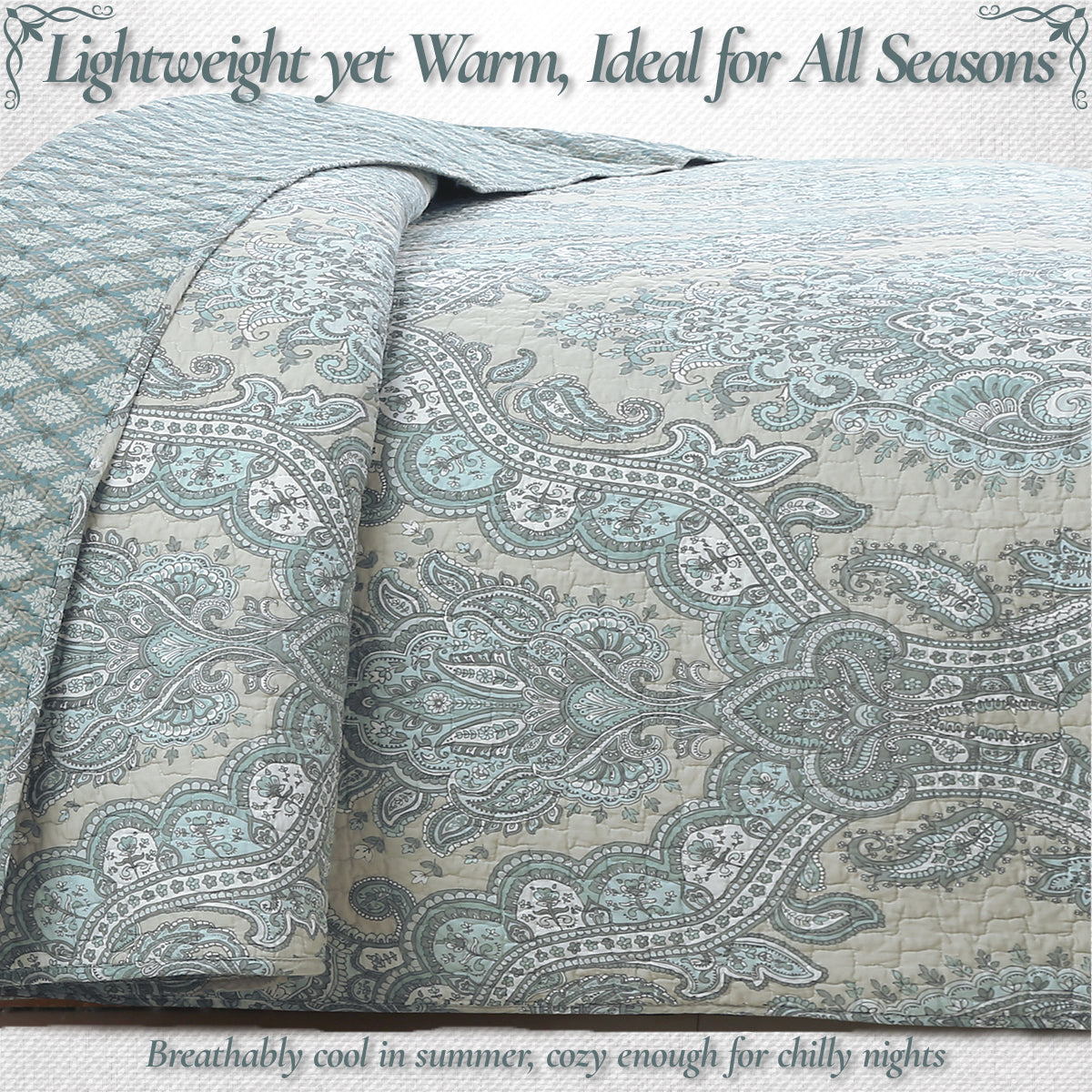 Ornate Paisley Medallion Grey Blue Cotton 3 Piece Queen Quilt Bedding Set