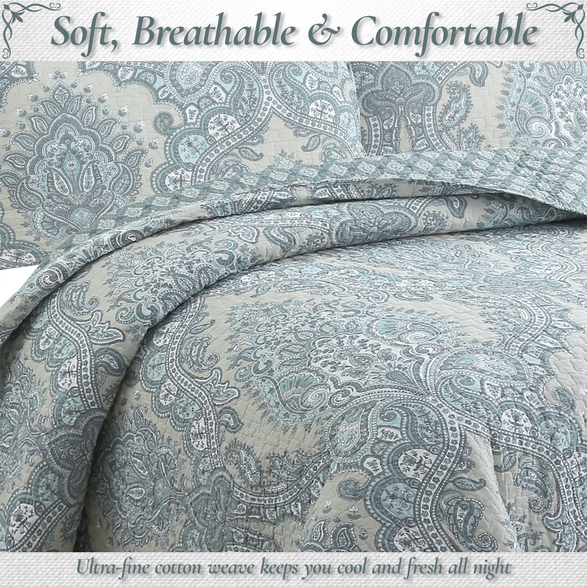 Ornate Paisley Medallion Grey Blue Cotton 3 Piece Queen Quilt Bedding Set