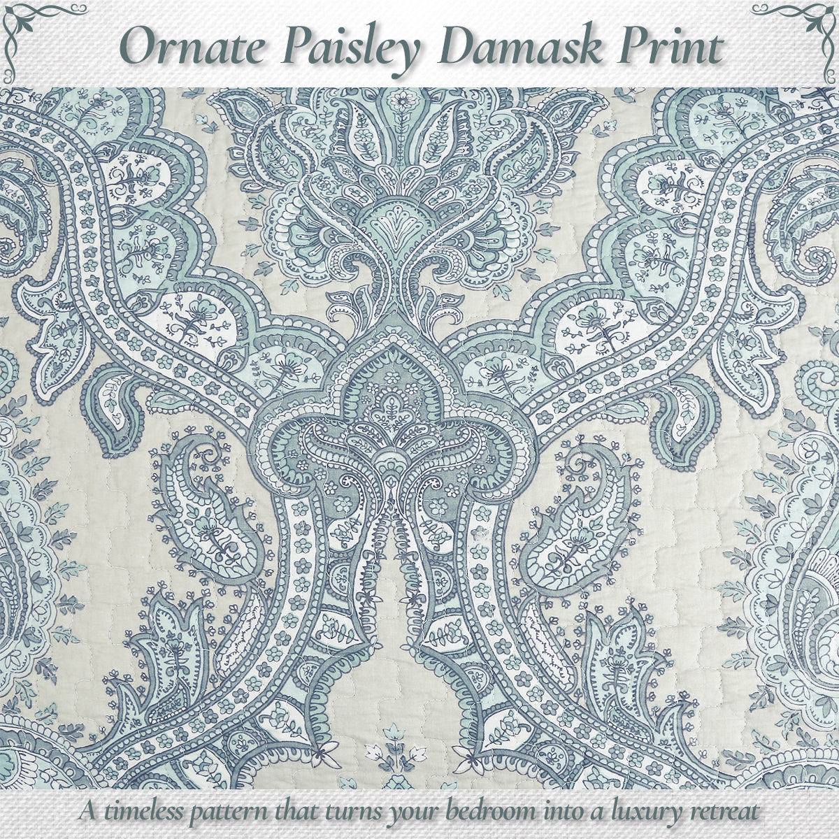 Ornate Paisley Medallion Grey Blue Cotton 3 Piece Queen Quilt Bedding Set