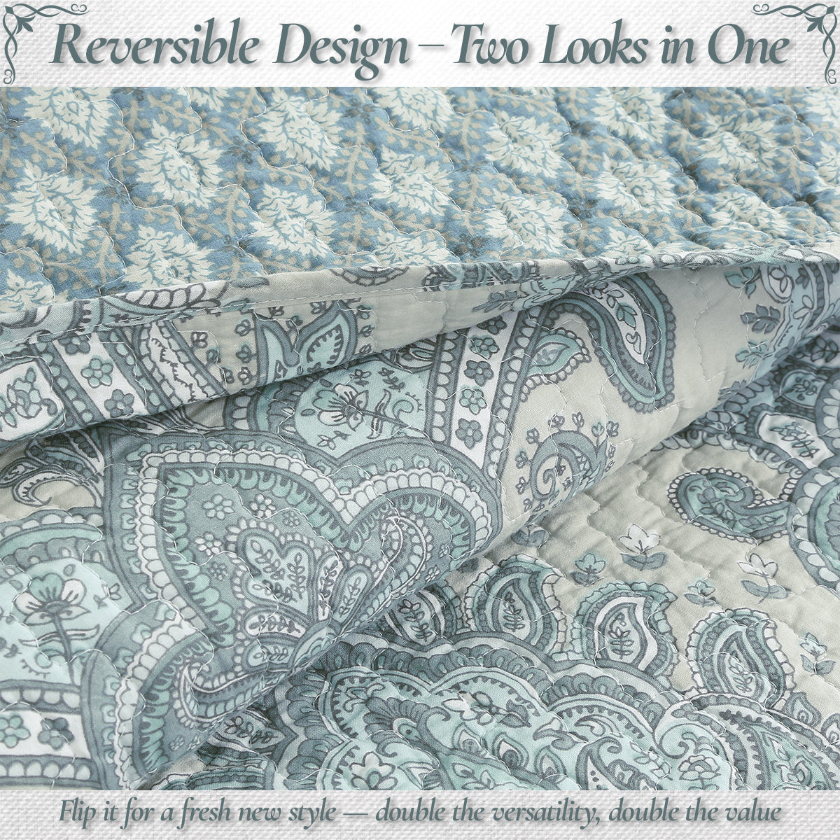 Ornate Paisley Medallion Grey Blue Cotton 3 Piece Queen Quilt Bedding Set