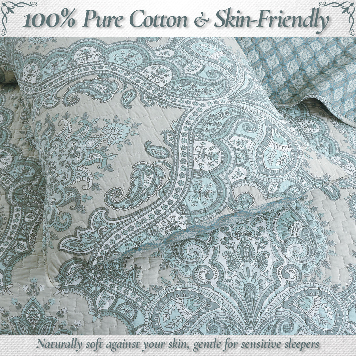 Ornate Paisley Medallion Grey Blue Cotton 3 Piece Queen Quilt Bedding Set