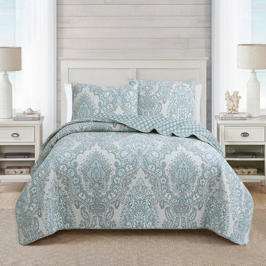 Ornate Paisley Medallion Grey Blue Cotton 3 Piece Queen Quilt Bedding Set