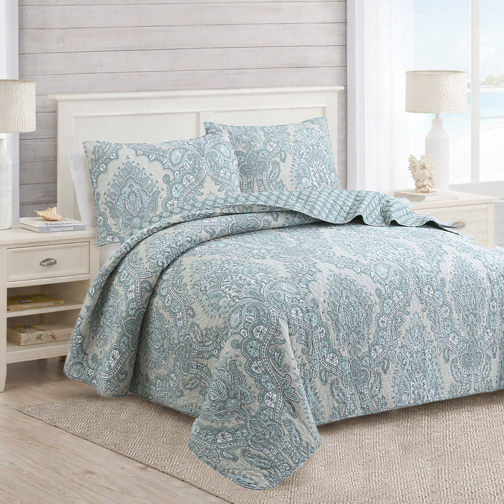 Ornate Paisley Medallion Grey Blue Cotton 3 Piece Queen Quilt Bedding Set