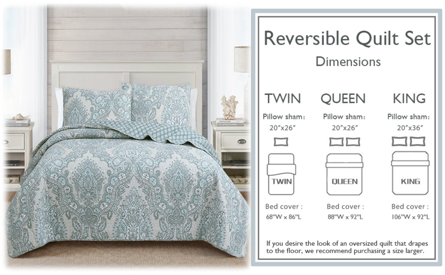 Ornate Paisley Medallion Grey Blue Cotton 3 Piece Queen Quilt Bedding Set