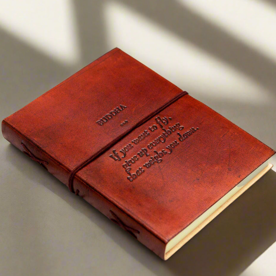 Buddha Quote Leather Journal - "Give Up Everything That Weighs You Down"