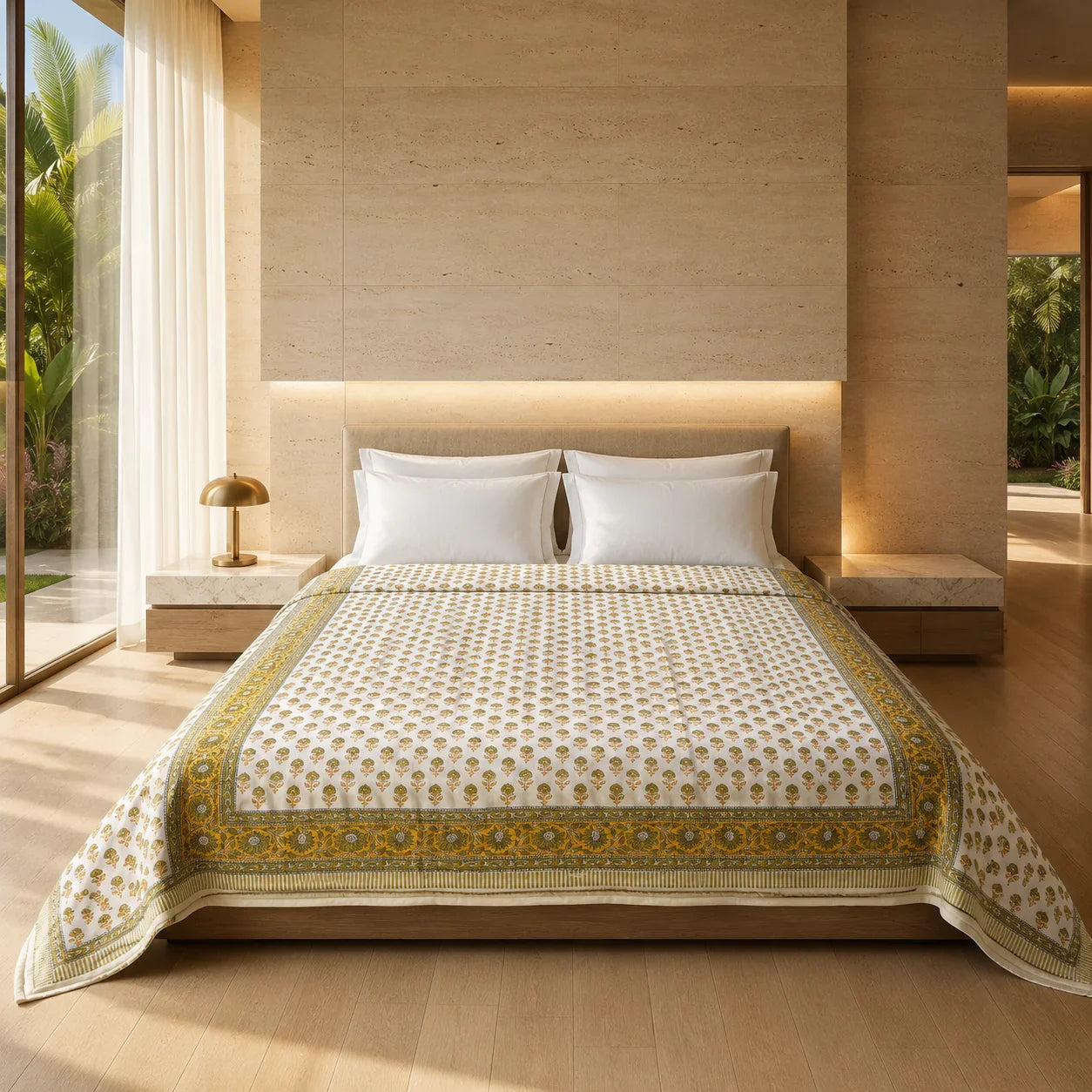 House of Avana Cream & Mustard Yellow Floral Jaipur Indian Hand Block Print Quilted Comforter