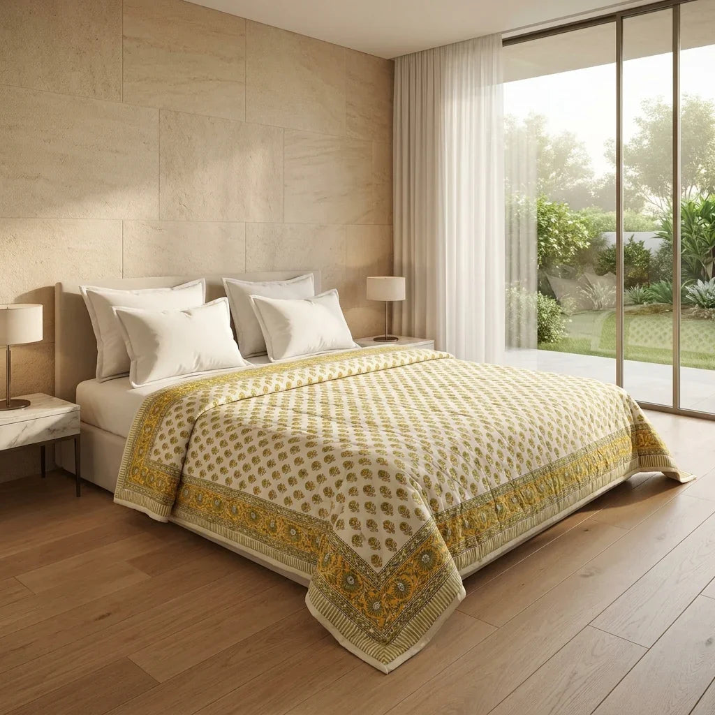 House of Avana Cream & Mustard Yellow Floral Jaipur Indian Hand Block Print Quilted Comforter