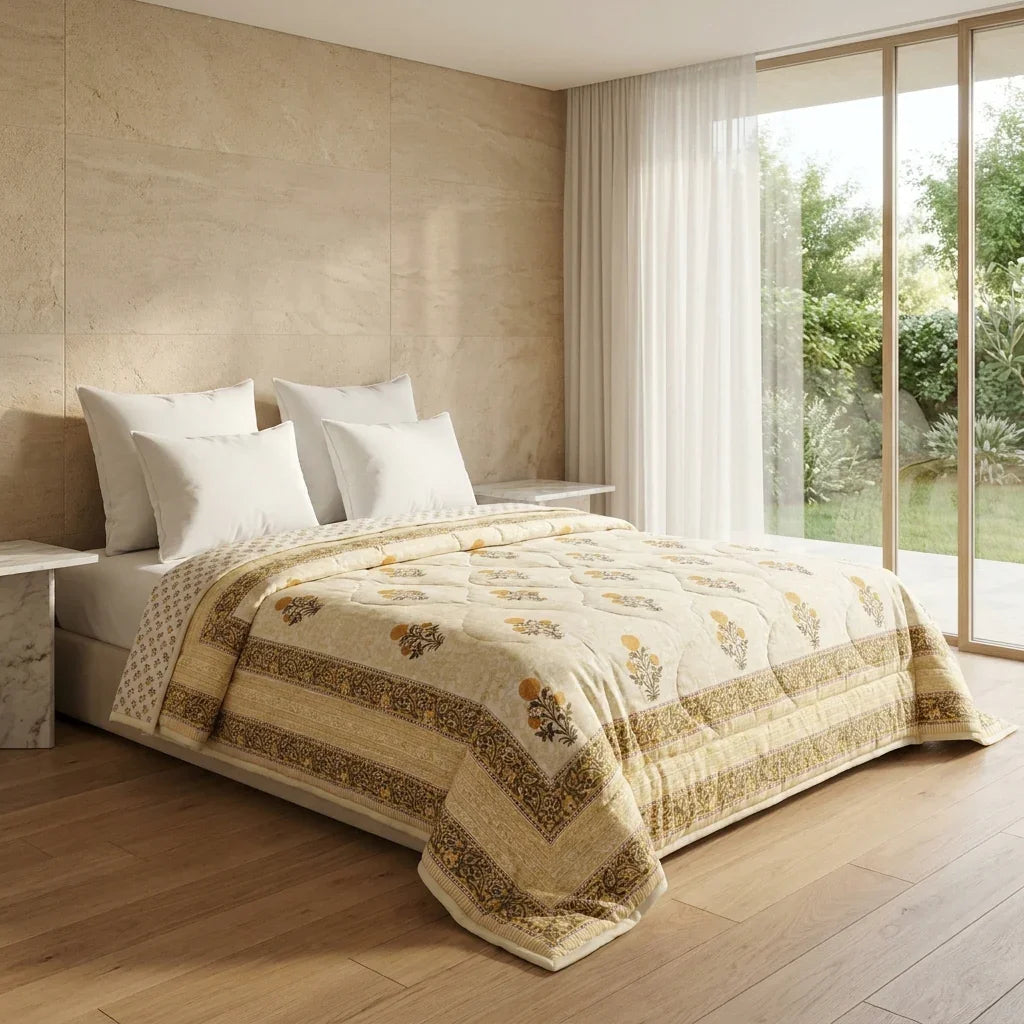 House of Avana Light Grey & Charcoal Floral Jaipur Indian Hand Block Print Quilted Comforter