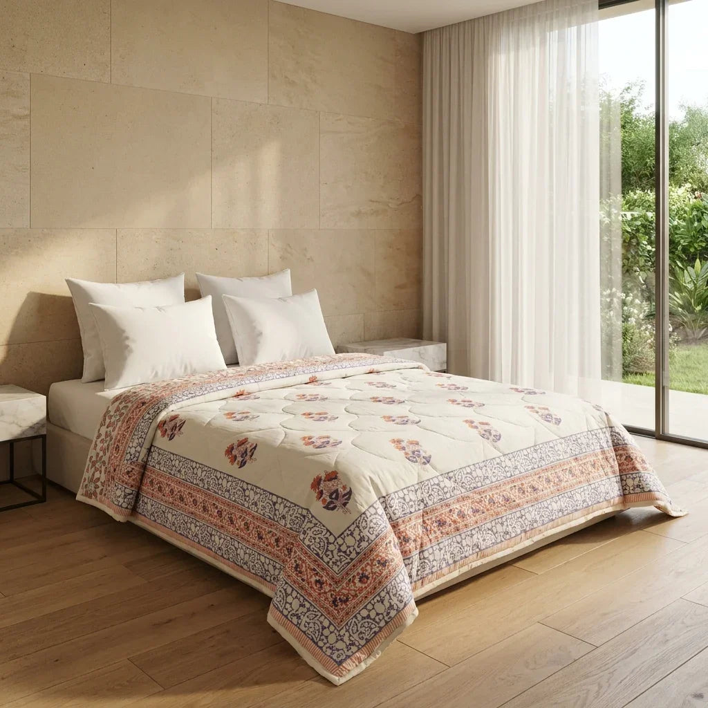 House of Avana Lavender Grey & Cream Floral Jaipur Indian Hand Block Print Quilted Comforter