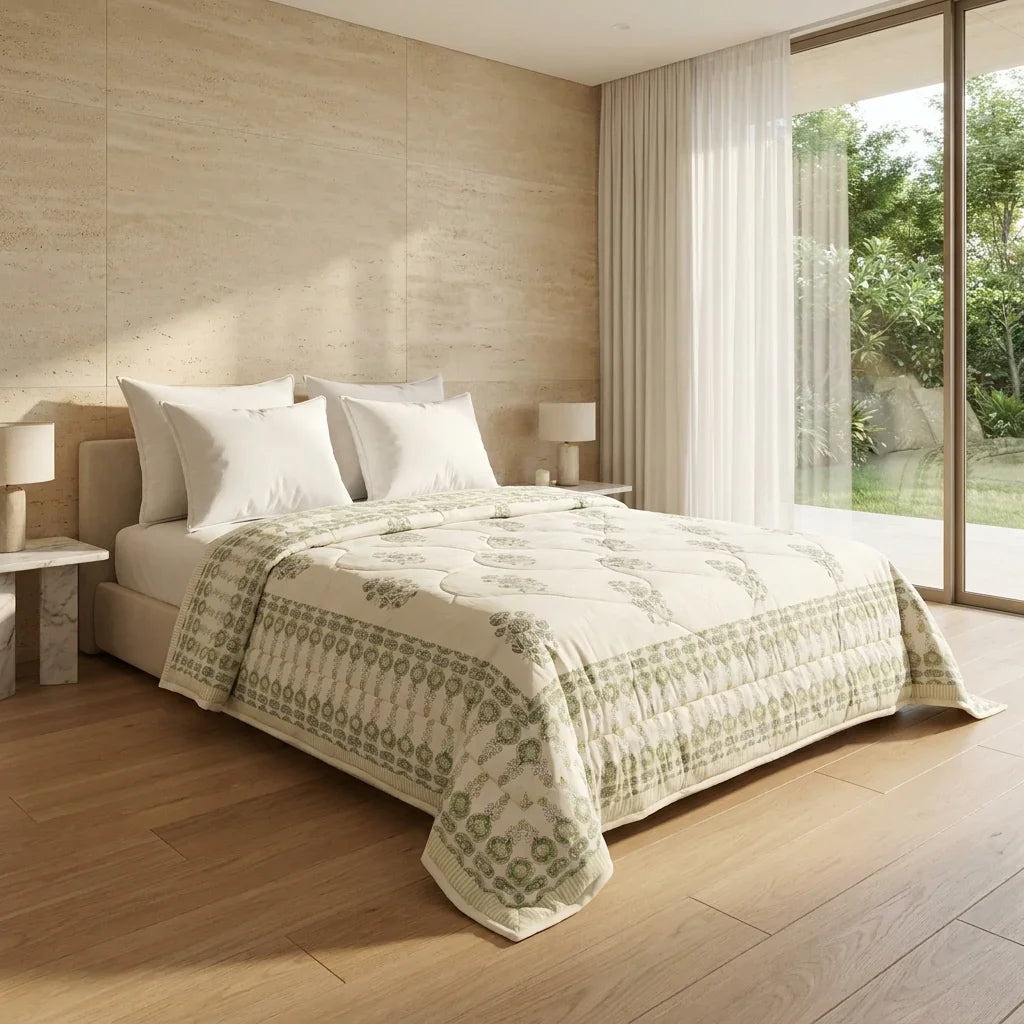 House of Avana Sage Green & Cream Mauve Floral Jaipur Indian Hand Block Print Quilted Comforter