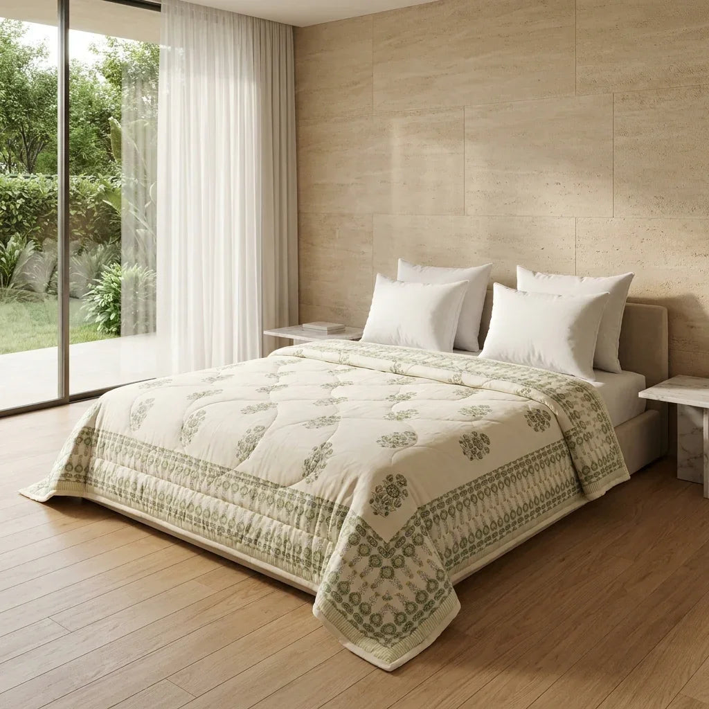 House of Avana Sage Green & Cream Mauve Floral Jaipur Indian Hand Block Print Quilted Comforter