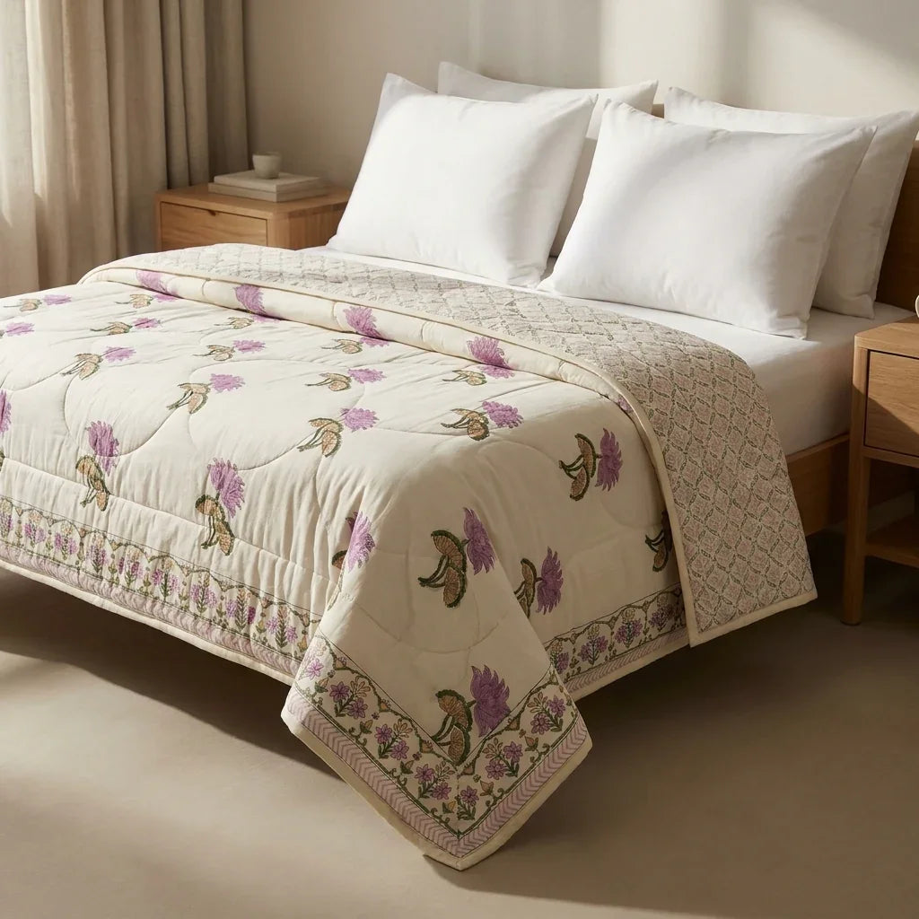 House of Avana Cream & Mauve Floral Jaipur Indian Hand Block Print Quilted Comforter